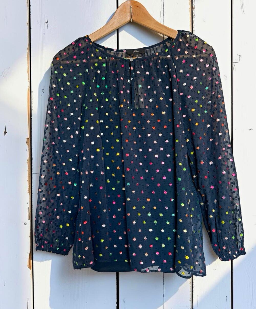 NWT J.Crew Women Sheer Metallic Polka Dot Blouse Navy Long Sleeve Size XS Preppy